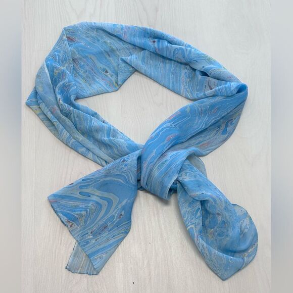 Vintage Blue silk chiffons Italian bargello design scarf rolled edge - Picture 5 of 5